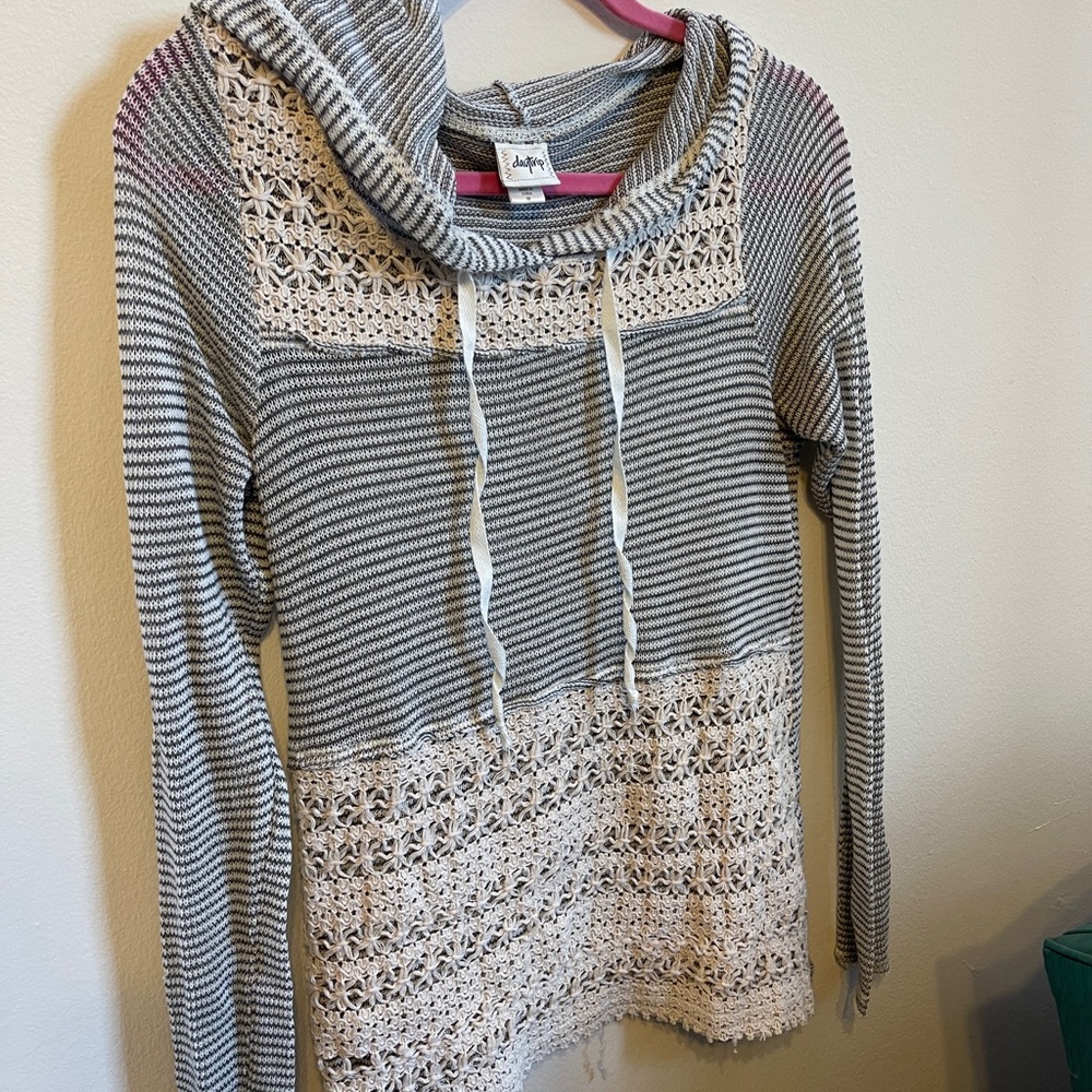 Retro size medium, daytrip, white lace, gray and white stripe, pullover hoodie